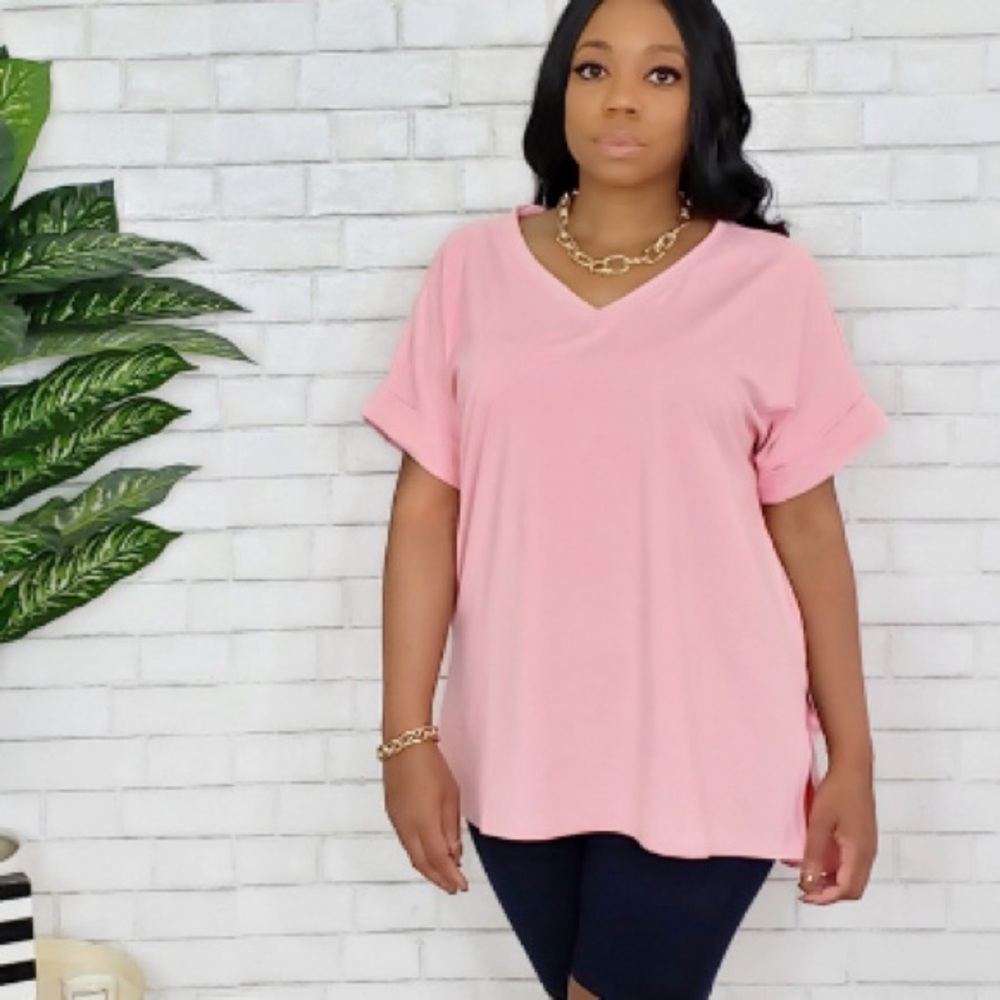 Cuffed Short Sleeve Flowy Top- Pink